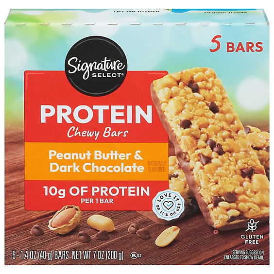 Box of Signature Select Protein Chewy Bars with Peanut Butter & Dark Chocolate, five bars packaging, gluten-free label