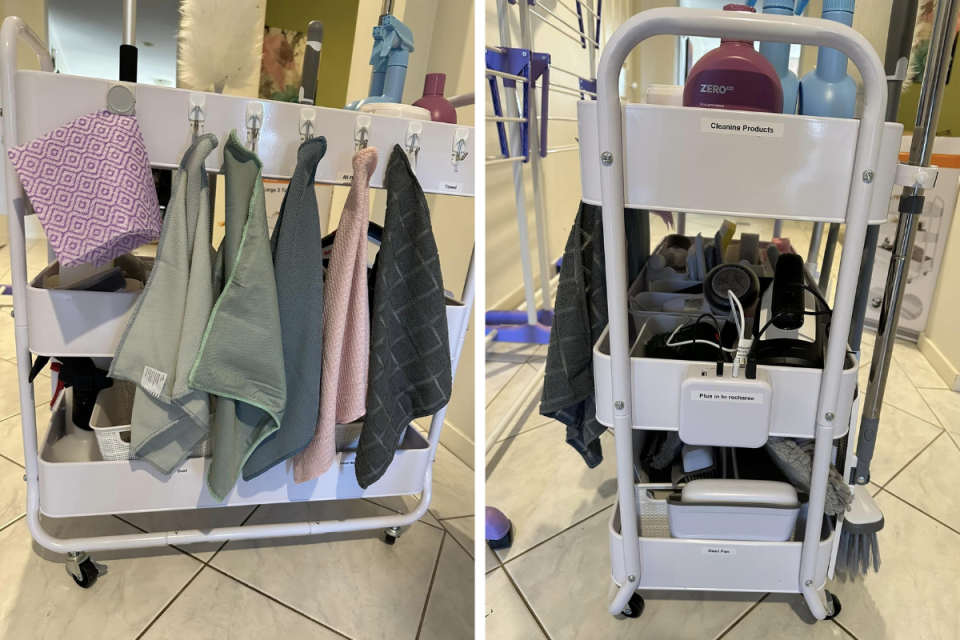 Two images of a Kmart three tier trolley filled with cleaning products