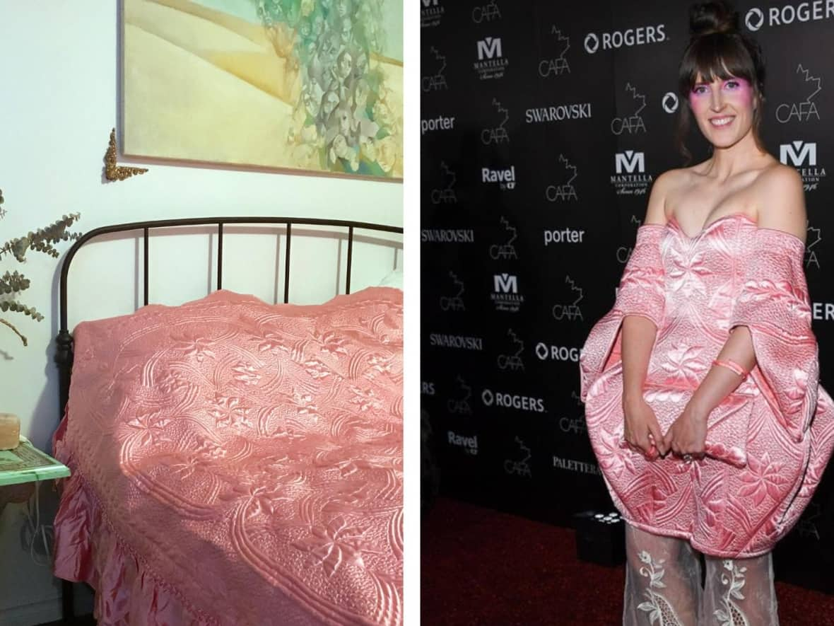 Sarah Jay, a Montreal fashion activist and stylist, turned a polyester bedspread, left, that she found while thrift-shopping into the dress on the right.  (Left photo: Submitted by Sarah Jay. Right photo: George Pimentel Photography - image credit)