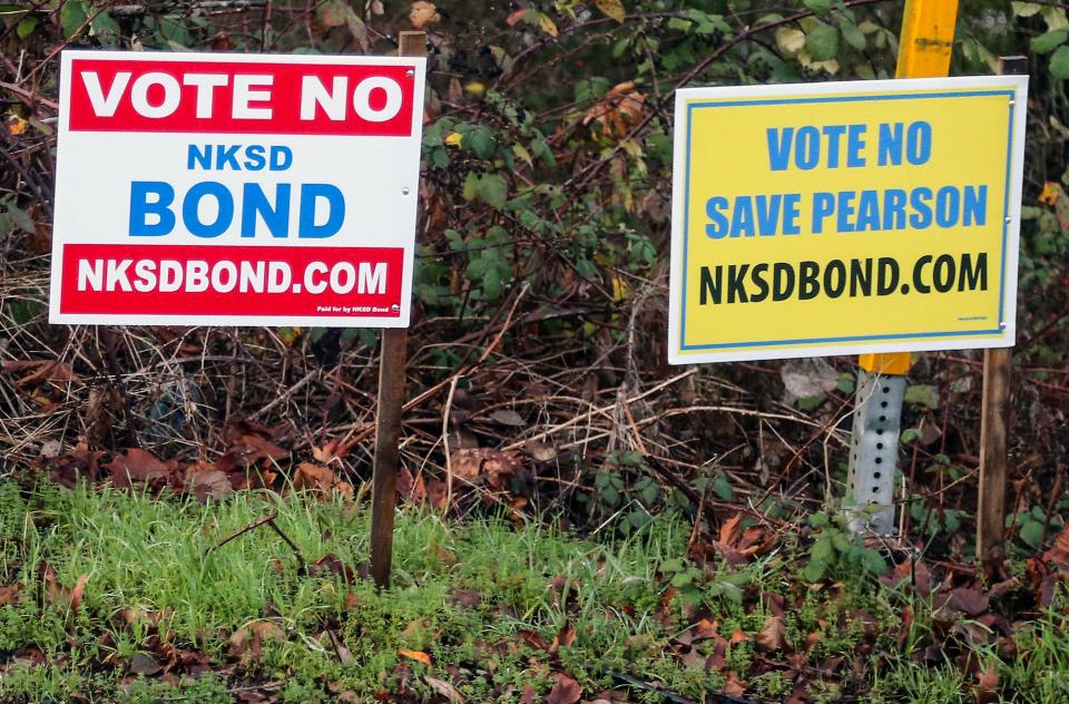 Vote no NKSD bond signs along state highway 308 in Poulsbo on Tuesday, Dec. 26, 2023.