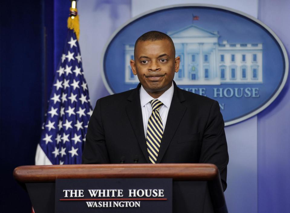 Transportation Secretary Anthony Foxx pauses as he answers a question during the daily briefing at the White House in Washington, Monday, May 12, 2014. Foxx talked about transportation infrastructure in the United States including the federal Highway Trust Fund which is expected run dry by late August. Without congressional action, transportation aid to states will be delayed and workers will be laid off at construction sites nationwide, Foxx said. (AP Photo)