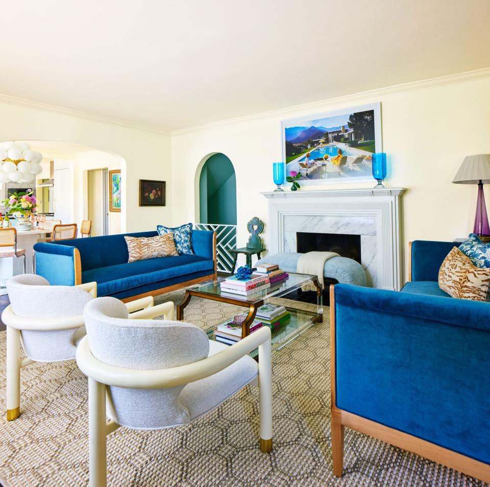 Off White Formal Living Room With Pops of Teal