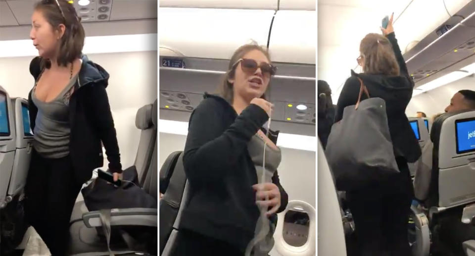 The woman allegedly spat on another passenger before being escorted off the plane. Source: Twitter/BigOShow