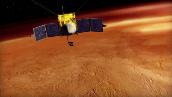 This artist's conception shows the NASA's MAVEN spacecraft orbiting Mars. The mission will launch in late 2013.