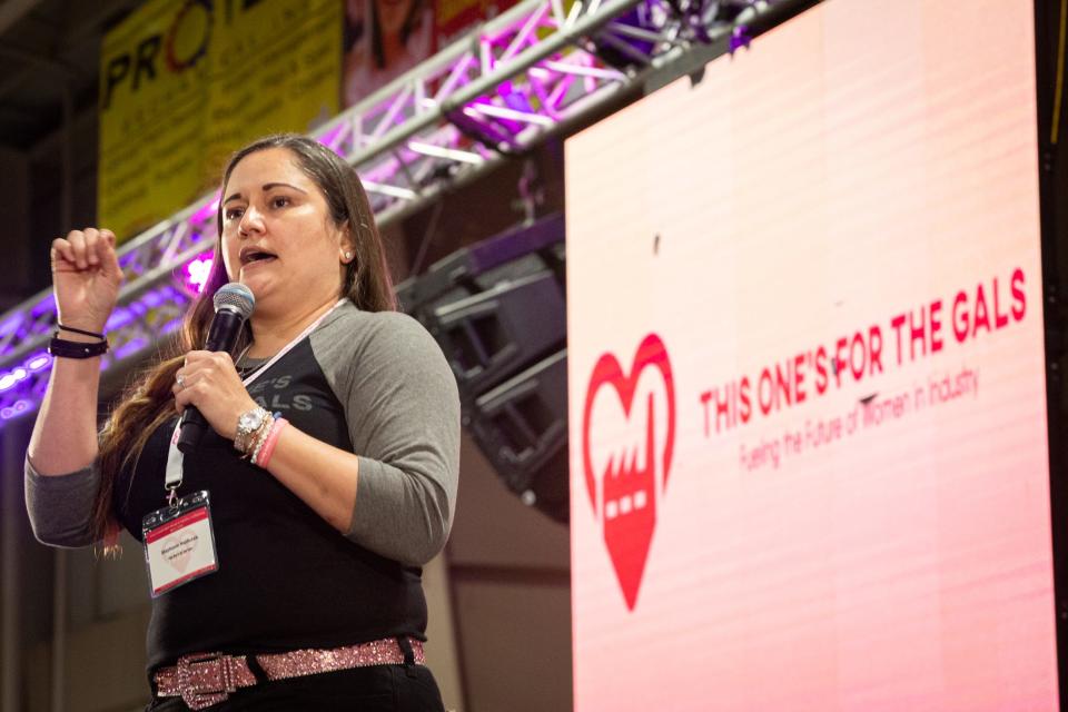 Stephanie Hajducek, founder of This One's for the Gals, speaks during the Coastal Bend Women in Industry Conference on Thursday, April 11, 2024, in Robstown, Texas.