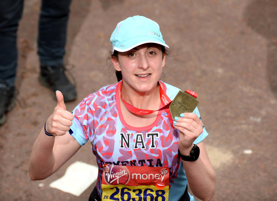 LONDON, ENGLAND - APRIL 28: Natalie Cassidy finishes the Virgin London Marathon 2019 on April 28, 2019 in London, United Kingdom. (Photo by Jeff Spicer/Getty Images)