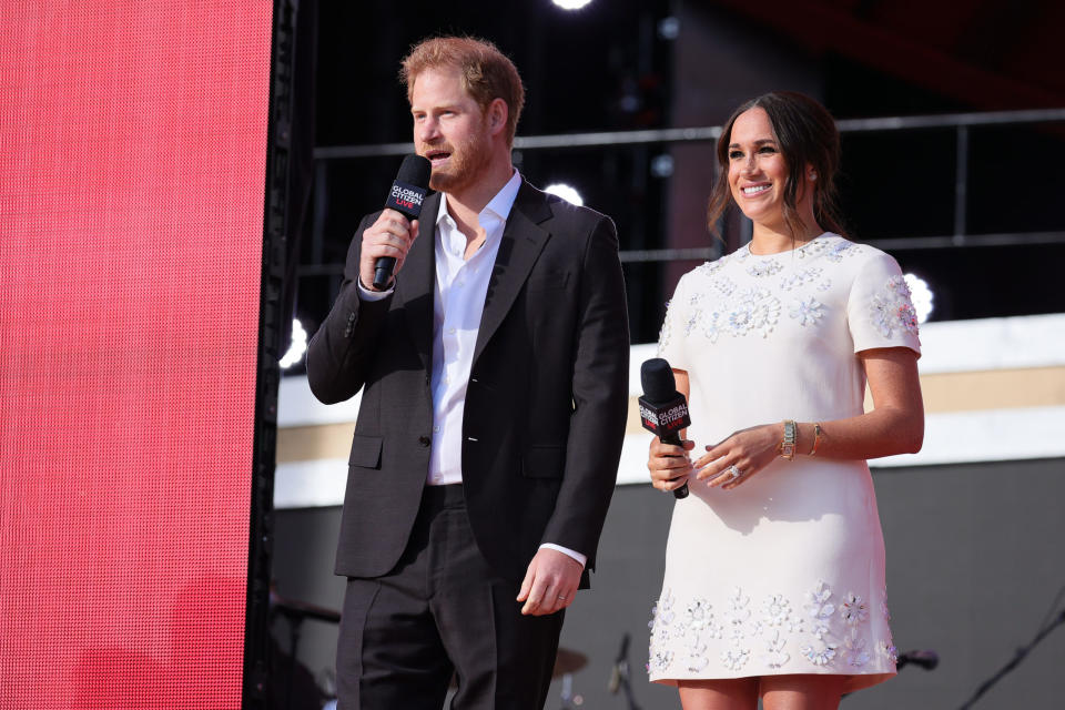 NEW YORK, NEW YORK – SEPTEMBER 25: Prince Harry, Duke of Sussex and Meghan, Duchess of Sussex speak onstage during Global Citizen Live, New York on September 25, 2021 in New York City. (Photo by Theo Wargo/Getty Images for Global Citizen)