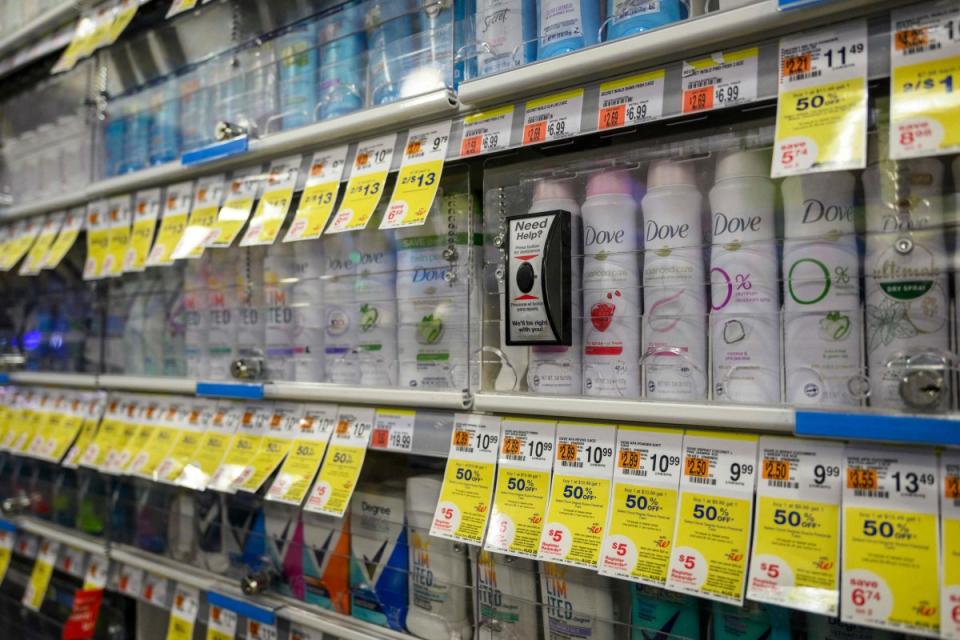 Locked up deodorant to prevent shoplifting are seen at a Duane Reade drugstore and pharmacy on Aug. 24, 2023 in New York City. <p>ANGELA WEISS/Getty Images</p>