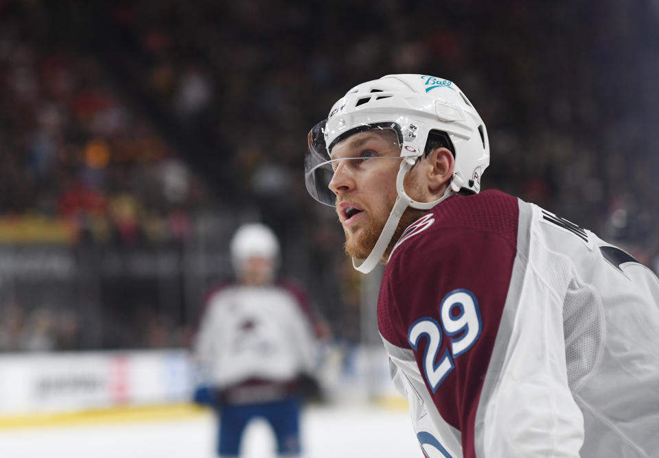 LAS VEGAS, NEVADA - JUNE 10: Colorado Avalanche center Nathan MacKinnon (29) look up during the second period of game 6 in the second round of the Stanley Cup Playoff series at T-Mobile Arena on June 10, 2021 in Las Vegas, Nevada. (Photo by RJ Sangosti/MediaNews Group/The Denver Post via Getty Images)