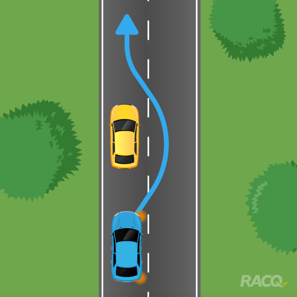 An RACQ Facebook quiz shows a graphic of a blue car overtaking a yellow car to highlight a rule. Source: Facebook/RACQ