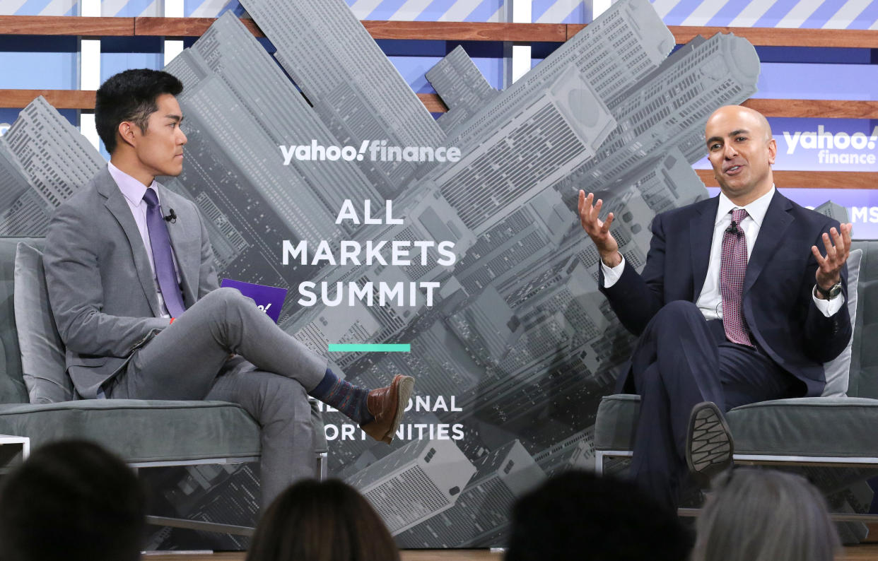 NEW YORK, NEW YORK - OCTOBER 10: Moderator Brian Cheung (L) and Banker Neel Kashkari attend the Yahoo Finance All Markets Summit at Union West Events on October 10, 2019 in New York City. (Photo by Jim Spellman/Getty Images)