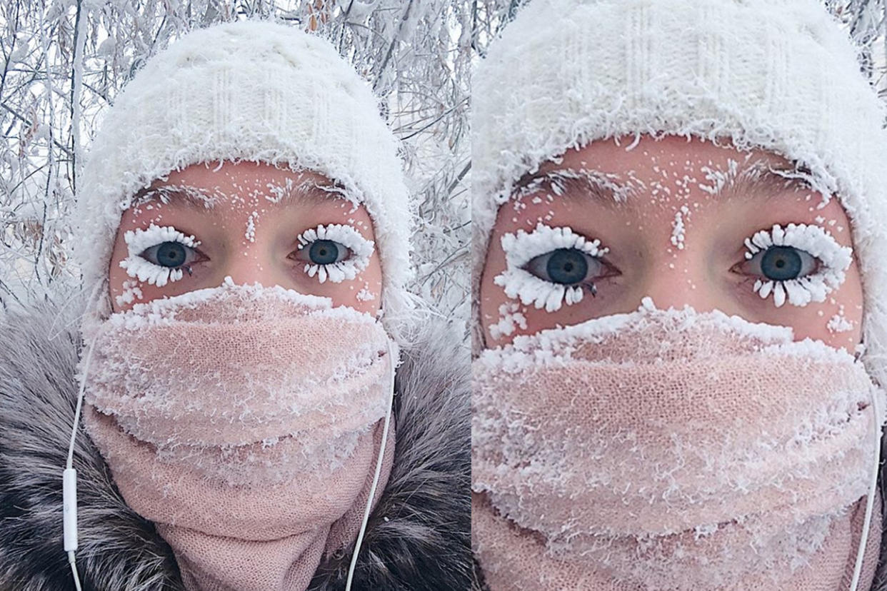 This woman’s frozen eyelashes have started the winter’s latest trend. (Photo: Instagram/anastasiagav)