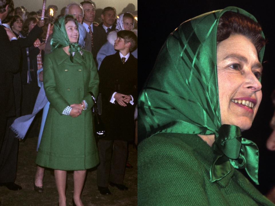 Side by side of the queen in a green double-breasted wool peacoat with buttons and a green satin headwrap tied under her chin.