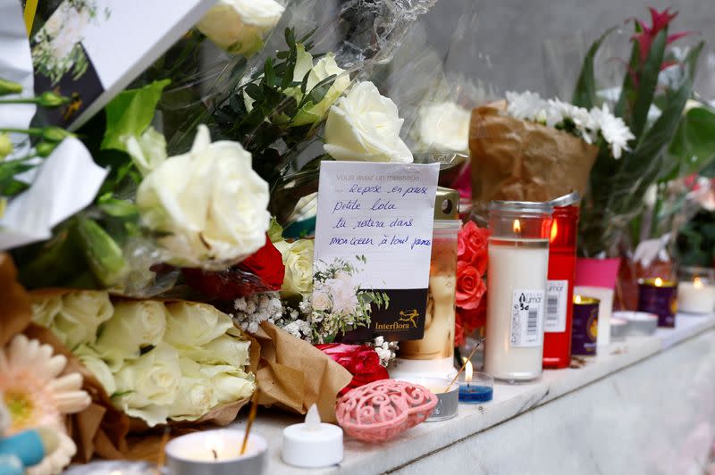 Flowers and messages to pay tribute to a 12-year-old schoolgirl Lola brutally murdered in Paris