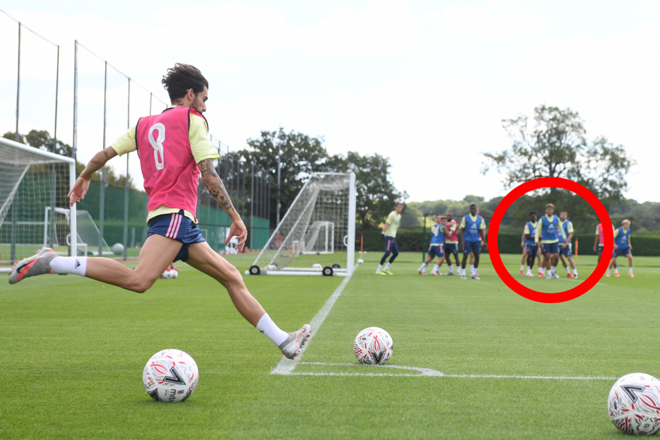 Arsenal fans believe William Saliba is training with his new team-mates for the first time. (Arsenal FC via Getty Images)