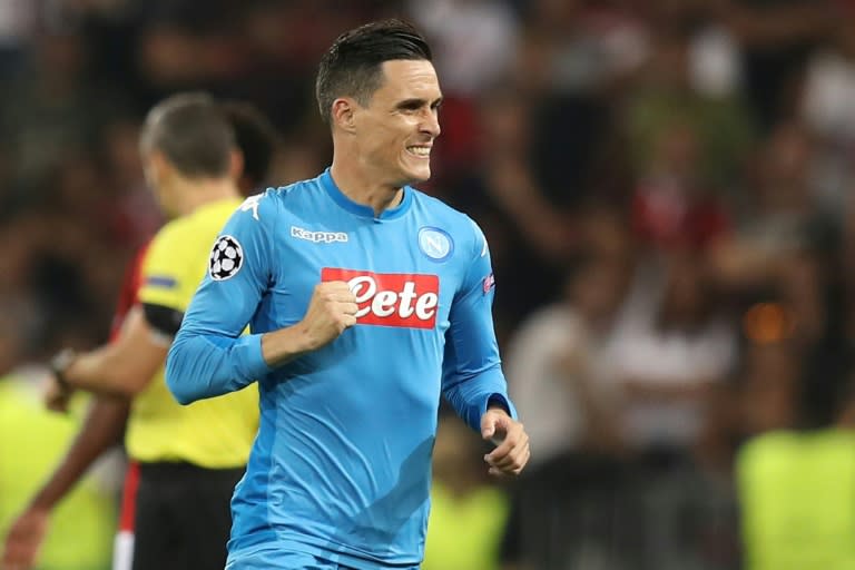 Napoli's striker Jose Callejon celebrates after scoring a goal in Nice on August 22, 2017