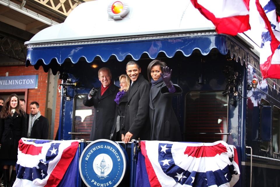 Then-President-elect Barack Obama and Vice President-elect Joe Biden and their spouses wave to the media in Wilmington on Jan. 17, 2009 - the last time Obama has made a public appearance in Delaware. Officials say he’ll be in the state Thursday to visit the I-495 bridge.