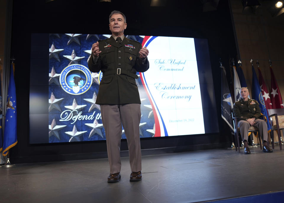 In this image provided by U.S. Cyber Command, Army Maj. Gen. William Hartman, who leads the U.S. Cyber National Mission Force, speaks during a ceremony at U.S. Cyber Command headquarters at Fort George E. Meade, Md., Monday, Dec. 19, 2022. (U.S. Navy Chief Petty Officer Jon Dasbach/U.S. Cyber Command via AP)