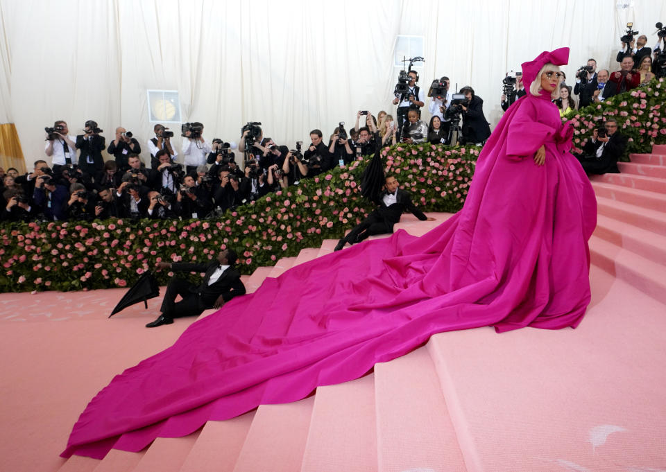 Lady Gaga in a pink overcoat at the Met Gala 2019