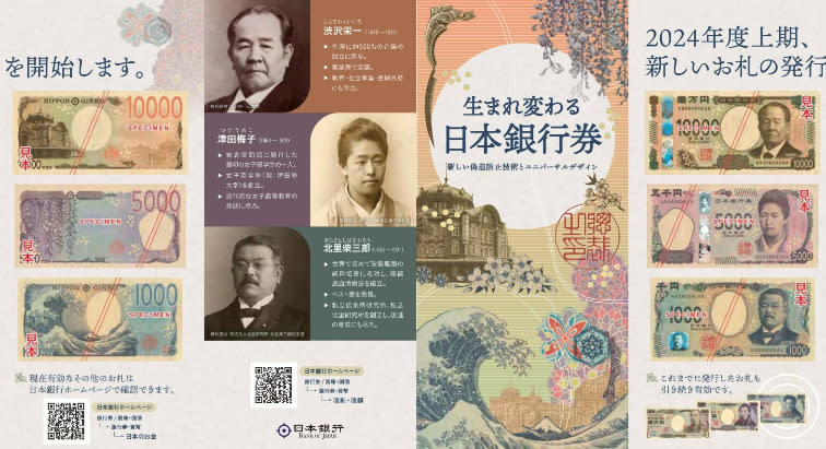 新版紙鈔正面，1萬日圓鈔是澀澤榮一（上）、5千日圓鈔是津田梅子（中）、1千圓鈔是北里柴三郎（下）。取自日本中央銀行官網