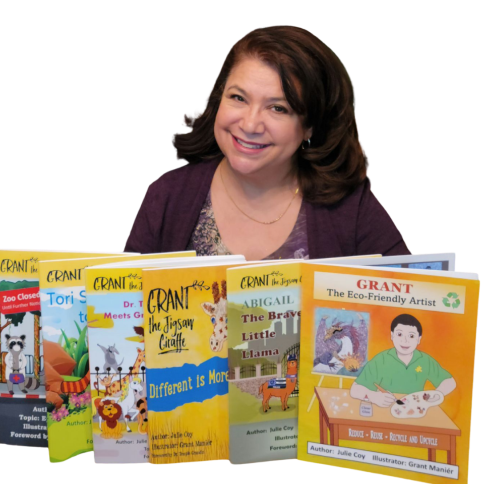 Julie Coy wrote several books that her son, Grant Manier, illustrated, to teach about autism and other special needs.