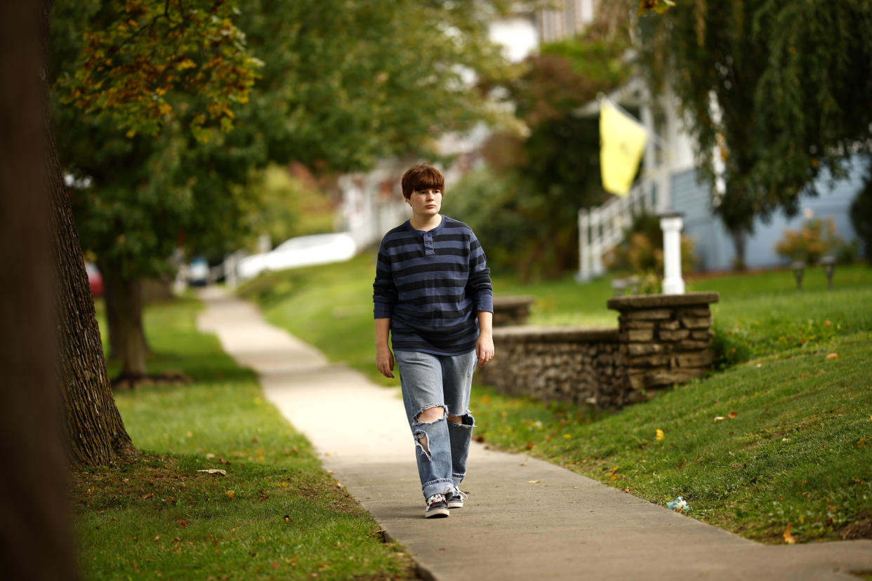 Image: Marshall Troese walks the route from his school to the University Korner gas station on  in Clarion, Pa. (Jared Wickerham for NBC News)