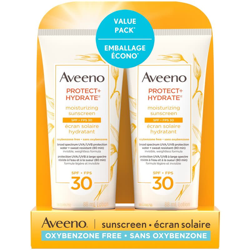 Aveeno Protect and Hydrate Face and Body Sunscreen SPF 30, Duo Pack. Image via Shoppers Drug Mart.