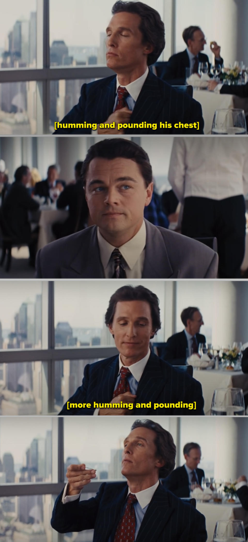 McConaughey and DiCaprio's characters at a fancy restaurant