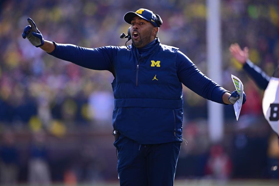 Michigan coach Sherrone Moore reacts to a video replay during the first half of November's game against Ohio State.