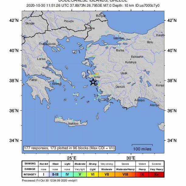 A map from the US Geological Survey (USGS) shows an intensity shake map of a 6.7-magnitude earthquake that has hit near Neon Karlovasion, Greece - USGS HANDOUT/EPA-EFE/Shutterstock /Shutterstock