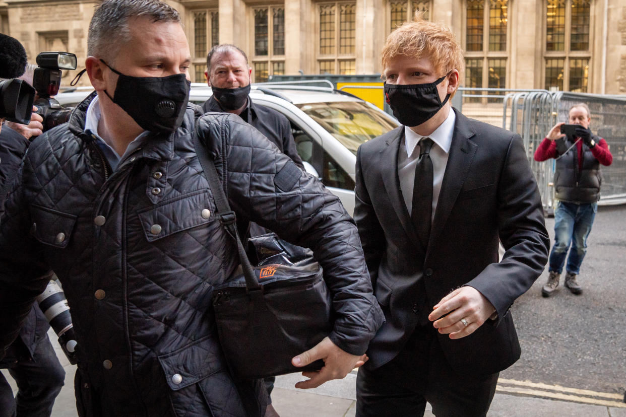 Ed Sheeran (right) arrives at the Rolls Building at the High Court in London, where he has brought legal action over his 2017 hit song 'Shape of You' after song writers Sami Chokri and Ross O'Donoghue claimed the song infringes parts of one of their songs. Picture date: Monday March 7, 2022.