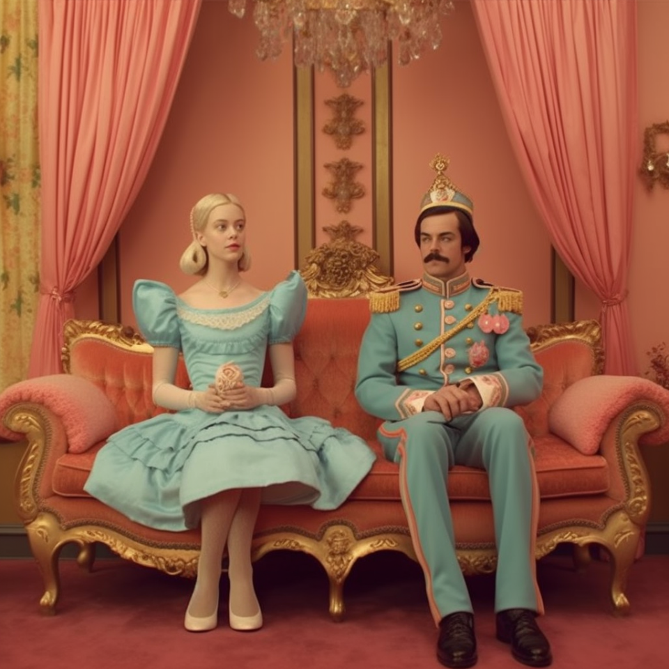 Rendering of Cinderella and Prince Charming as Wes Anderson characters