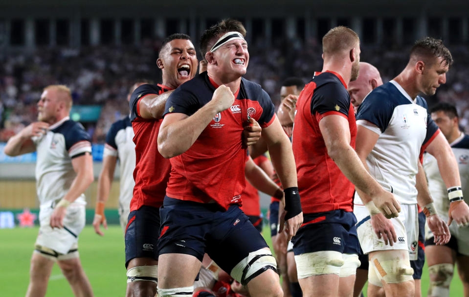 England's Tom Curry celebrates his sides second try during the 2019 Rugby World Cup match at the Kobe Misaki Stadium, Japan. (Photo by Adam Davy/PA Images via Getty Images)