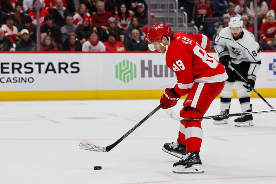 Detroit Red Wings right wing Patrick Kane (88) skates with the puck in the second period against the Los Angeles Kings at Little Caesars Arena in Detroit on Saturday, Jan. 13, 2024.