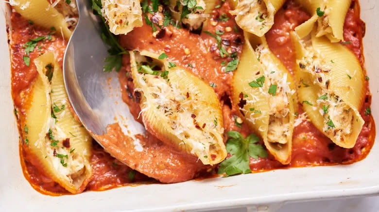 Close-up of lobster-stuffed pasta shells