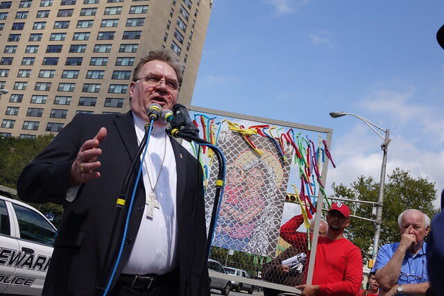 Cardinal Joseph Tobin, Newark&rsquo;s Roman Catholic archbishop, speaks at a protest outside an ICE office in Newark, New Jersey. (Photo: Ignatian Solidarity Network)