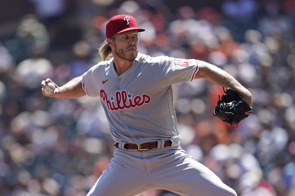 Philadelphia Phillies' Noah Syndergaard pitches against the San Francisco Giants during the first inning of a baseball game in San Francisco, Saturday, Sept. 3, 2022. (AP Photo/Jeff Chiu)