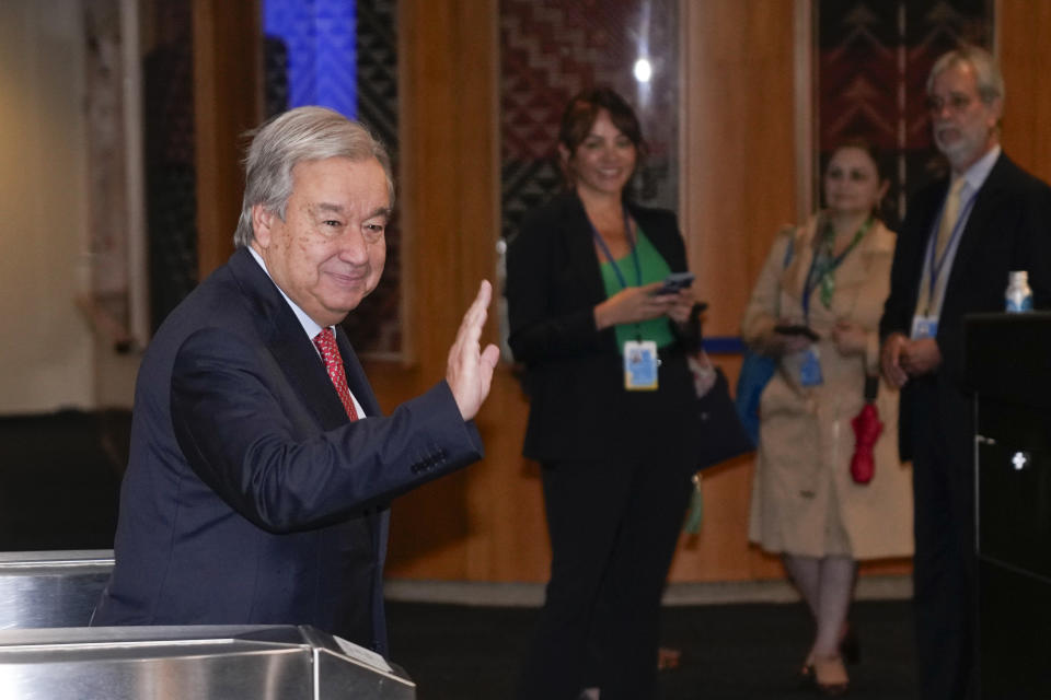 United Nations Secretary-General Antonio Guterres arrives to the SDG Summit at United Nations headquarters, Monday, Sept. 18, 2023. (AP Photo/Seth Wenig)