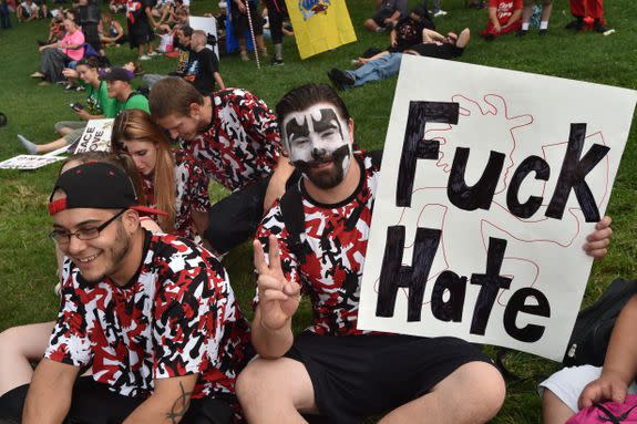 Fans of the US rap group Insane Clown Posse, known as Juggalos, protest on September 16, 2017 in front of the Lincoln Memorial in Washington, D.C. against a 2011 FBI decision to classify their movement as a gang. / AFP PHOTO / Paul J. Richards        (Photo credit should read PAUL J. RICHARDS/AFP/Getty Images)