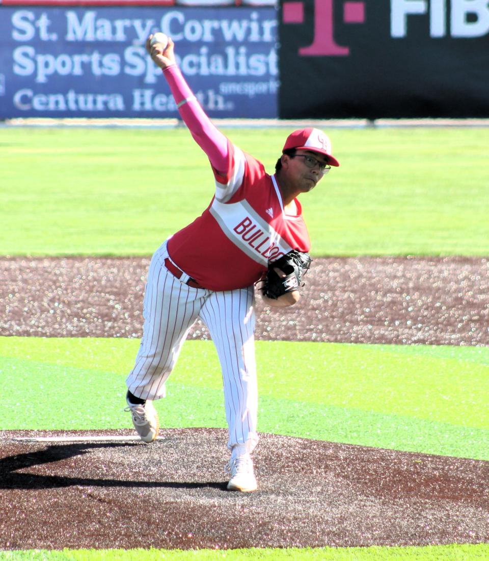 Pueblo Centennials Jack Espinoza tosses a pitch against Pueblo County on Hobbs Field at Runyon Sports Complex on Apr 9, 2024.