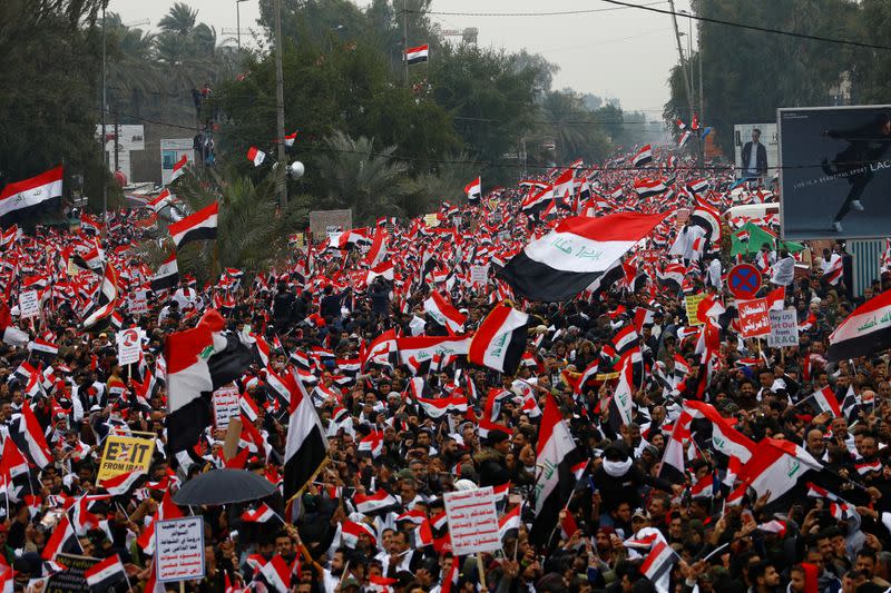 FILE PHOTO: Supporters of Iraqi Shi'ite cleric Moqtada al-Sadr protest against what they say is U.S. presence and violations in Iraq, during a demonstration in Baghdad