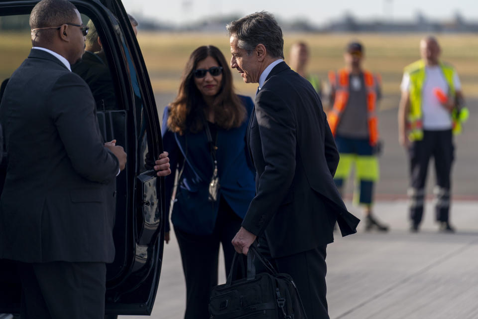 U.S. Secretary of State Antony Blinken arrives at the Berlin Brandenburg Airport in Schonefeld, Germany, Wednesday, June 23, 2021, to travel to Berlin. Blinken begins a week long trip to Europe traveling to Germany, France and Italy. (AP Photo/Andrew Harnik, Pool)