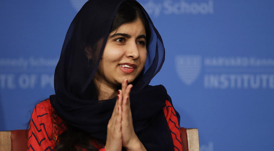2014 Nobel Laureate Malala Yousafzai listens to a question from the audience following an address at the Kennedy School's Institute of Politics at Harvard University in Cambridge, Mass., Thursday, Dec. 6, 2018. (AP Photo/Charles Krupa)