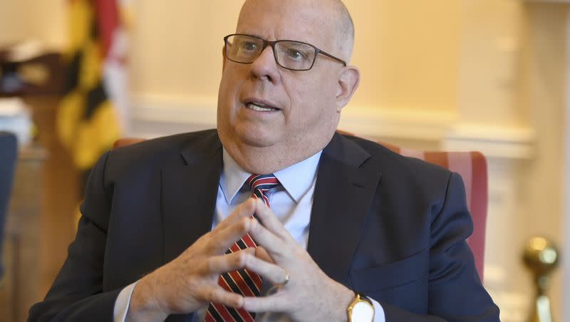 Maryland Gov. Larry Hogan, who completed his second and final term in January 2023, speaks to The Associated Press in his Capitol office on Monday, Dec. 19, 2022, in Annapolis, Md.