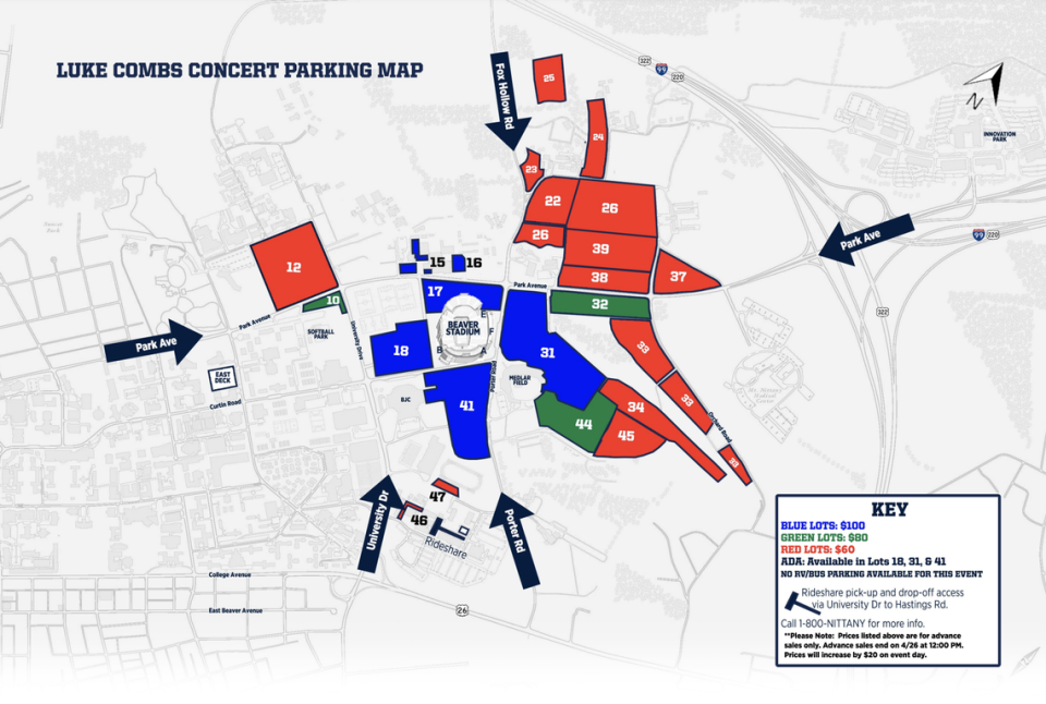 A map shows the price points for each lot available for parking for the upcoming Luke Combs concert at Beaver Stadium.