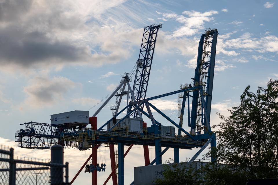 Cranes used for shipping containers rise from the Red Hook Container Terminal in Brooklyn on September 30, 2024 in New York City. A  massive strike that could shut down ports across the East and Gulf coasts is all but certain to begin at midnight as members of the International Longshoremen’s Association continue to make salary and other demands to the United States Maritime Alliance, which controls many of the ports across the country.