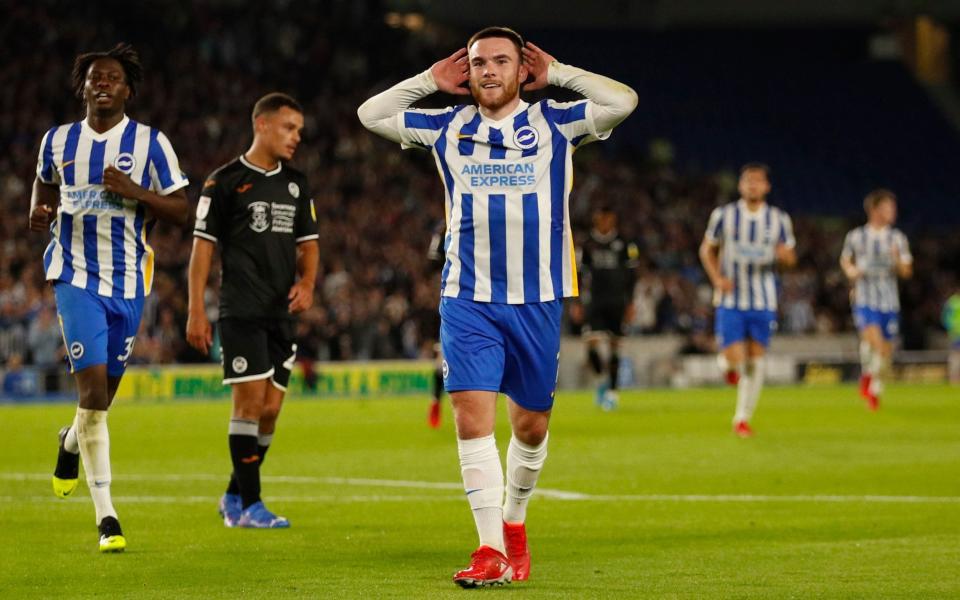 Aaron Connolly celebrates his first Brighton goal in nearly nine months - ACTION IMAGES VIA REUTERS