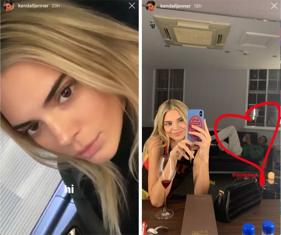 Jenner's Instagram story prior to the Burberry show and (R) after. (Photo: Instagram)