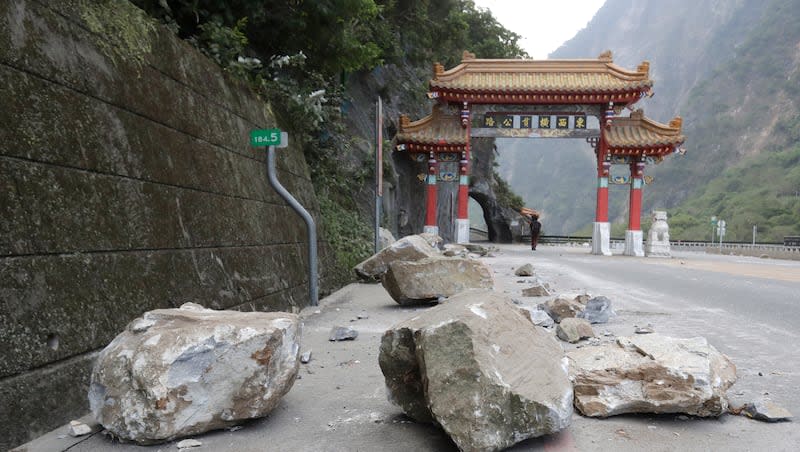 Rocks are on the road at the entrance of Taroko National Park in Hualien County, eastern Taiwan, Thursday, April 4, 2024. The strongest earthquake in a quarter-century rocked Taiwan during the morning rush hour.