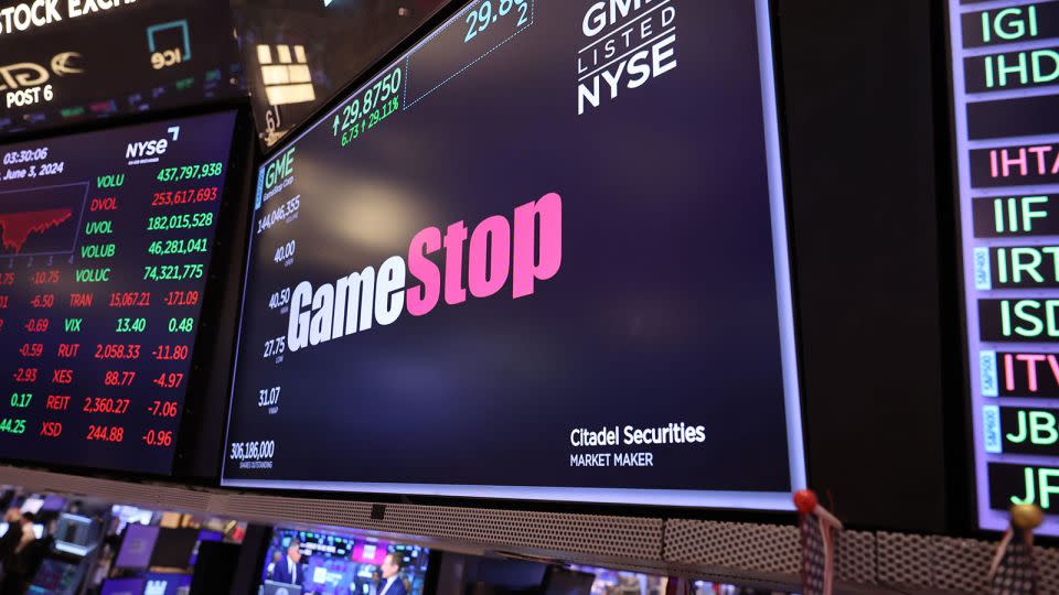 The Gamestop company logo is seen on display at the New York Stock Exchange during afternoon trading on June 3, 2024 in New York City. - Michael M. Santiago/Getty Images